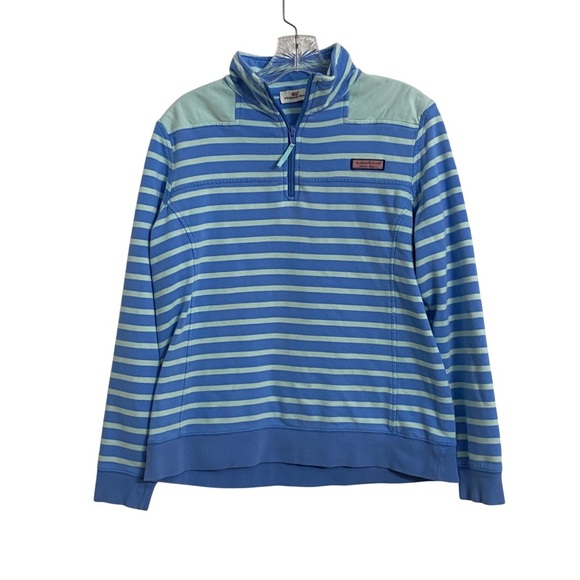 Vineyard Vines Woman’s Blue Striped Quarter Zip Sweatshirt Medium - Picture 2 of 8